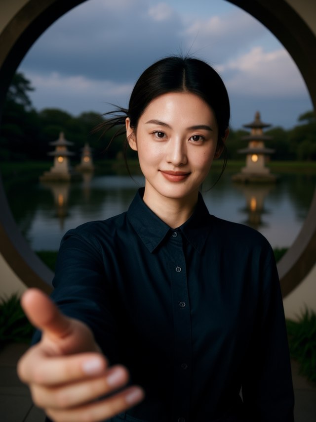 月亮门框住三座石塔(AI生成)