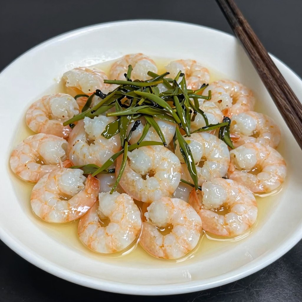 龙井虾仁,卧着几片茶叶(AI生成)