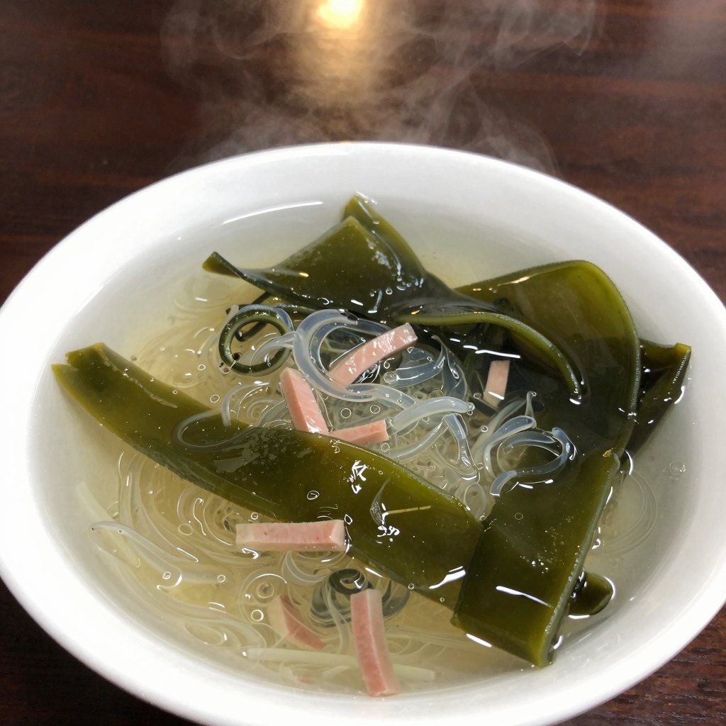 一碗莼菜羹,火腿丝,热气一线(AI生成)