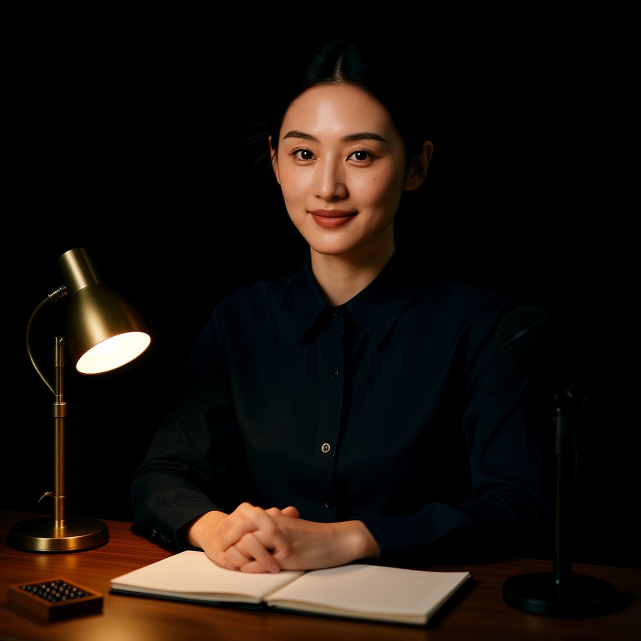 主持席·灯下落座,话筒账本台灯俱在(AI生成)