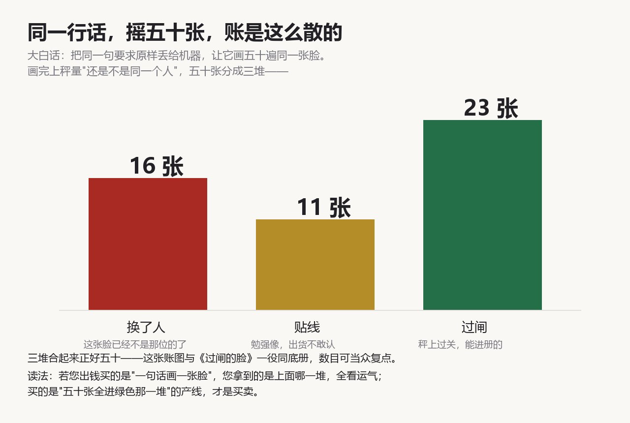 图注·大白话:同一行话摇五十张,上秤分三堆——过闸二十三,贴线十一,换人十六。与《过闸的脸》同底册,数目当众可复点。