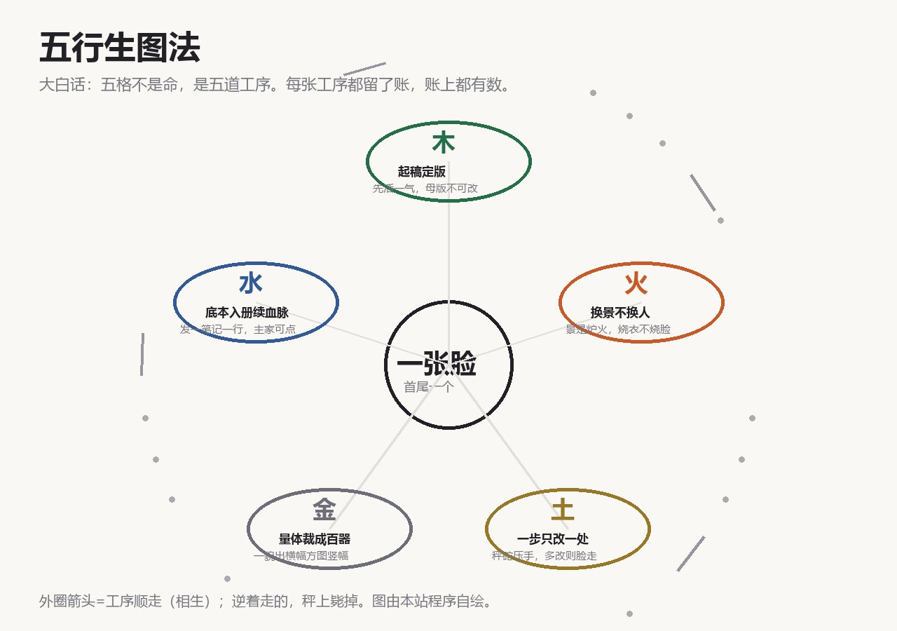 图注·大白话:五道工序挂成一环——起稿、换景、局修、裁器、入册。图本站自绘,每格都对着台账里的数。