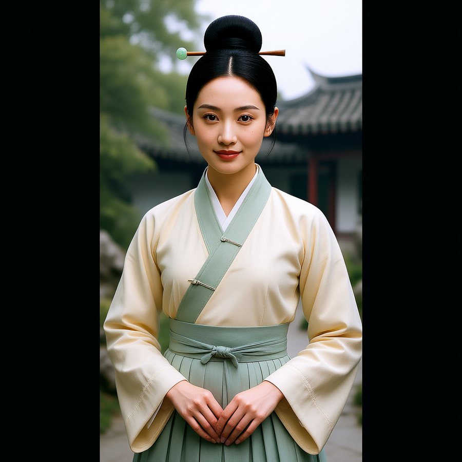 宋制·对襟褙子,月洞门下(AI生成)